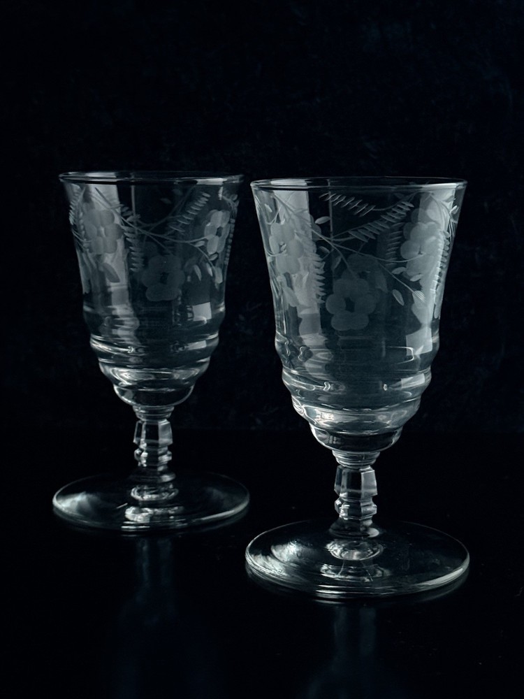 Vintage Etched Crystal Juice Glasses Set Of 2 Floral Etched Small Goblet EUC