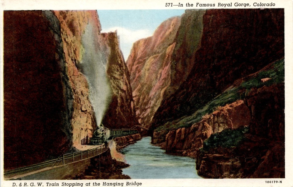 Royal Gorge, Colorado, D. & R. G. W. Train, Hanging Bridge, Postcard