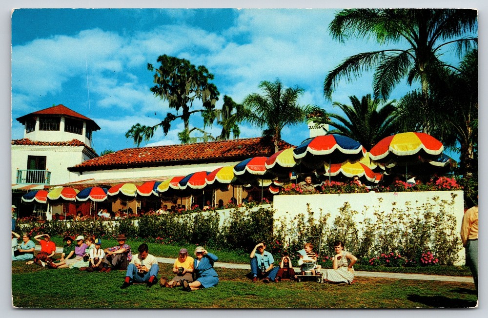 Cypress Gardens Florida~Colorful Umbrellas On Terrace~Vintage Postcard