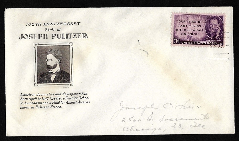 #946 3c Joseph Pulitzer - Grimsland FDC with partial cancel