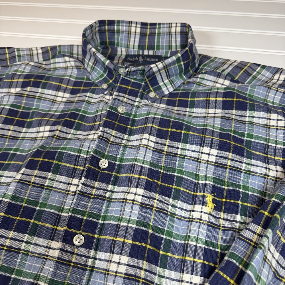Vtg Ralph Lauren Shirt Mens Large Blue Green Plaid Big Shirt Button Up Pony 90s
