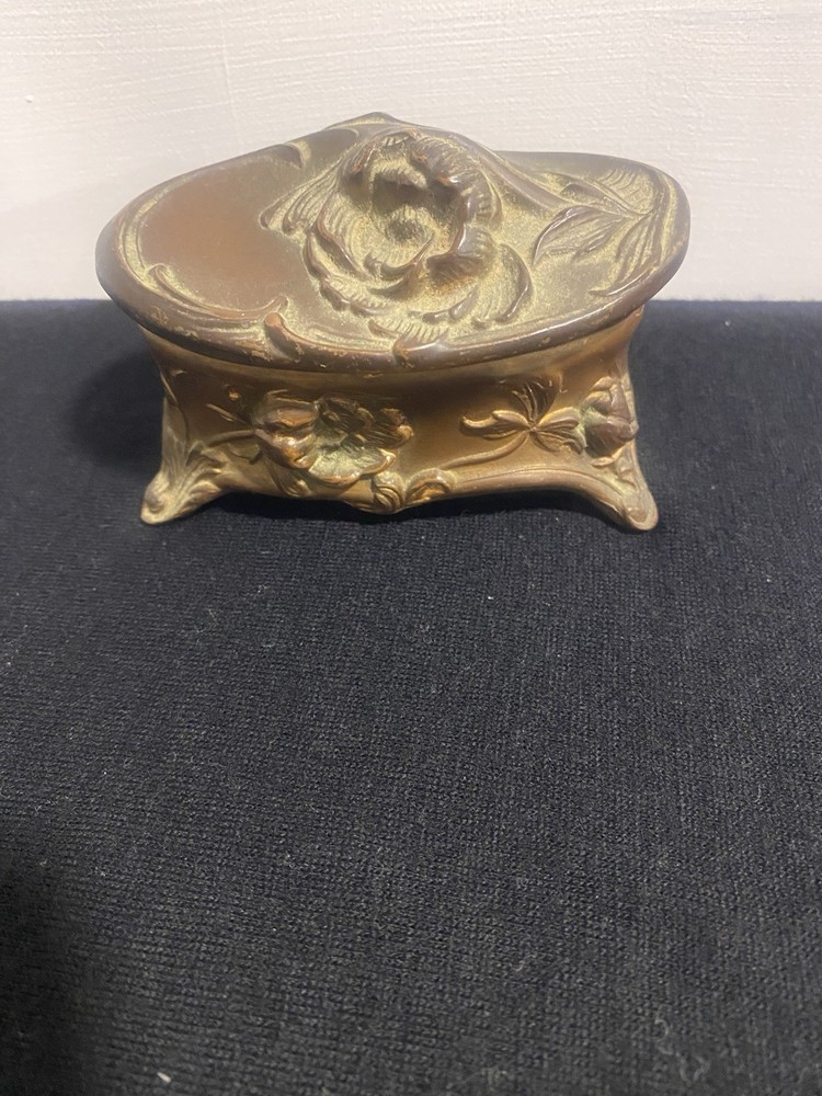 Antique Victorian Jewelry Trinket Box - Art Nouveau - Cast Metal - Gold