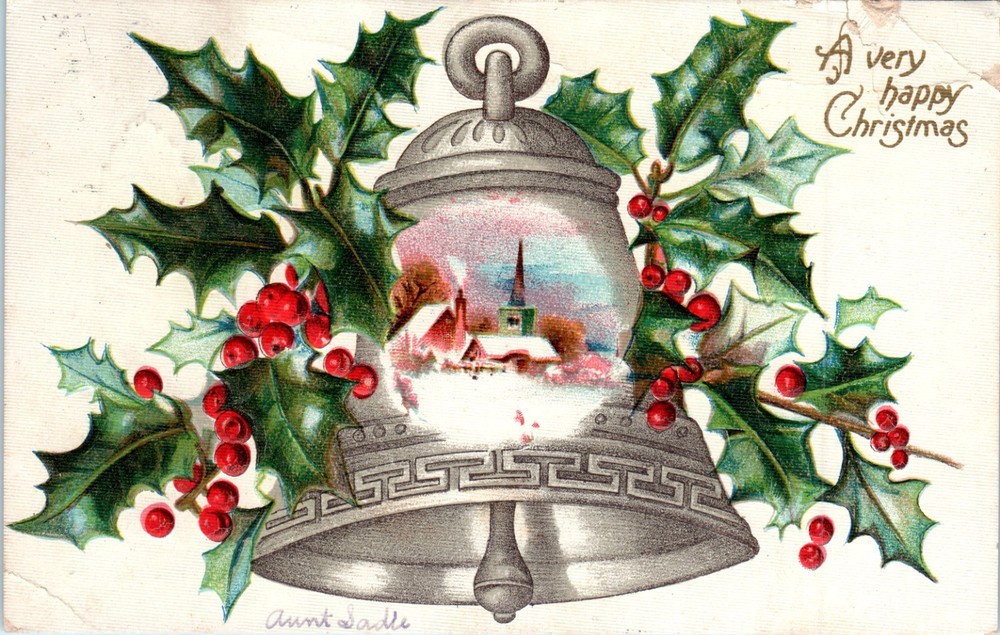 c1910s - Silver Bell W Holly Snowy Church Embossed Christmas - Postcard - P13