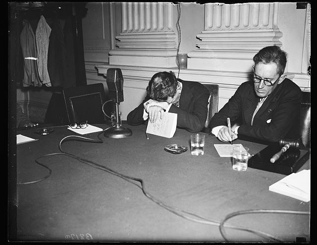 Photo:Unidentified Men Press Conference 1930s Microphones Table Notes