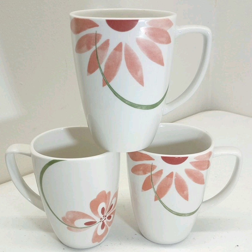 3 Corelle Coordinates Pretty Pink Porcelain Mug Coffee 12oz Floral Discontinued
