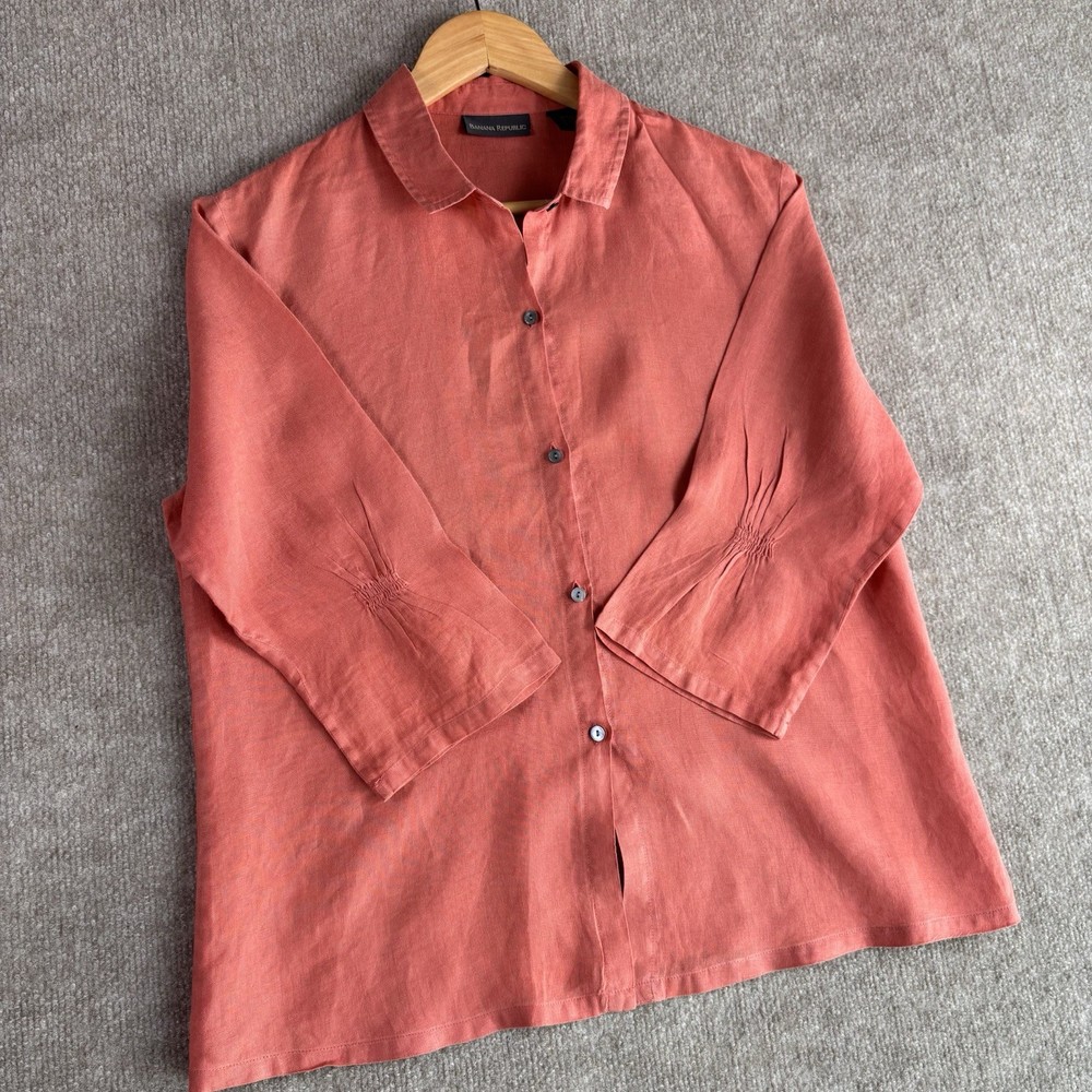 Banana Republic 100% Linen Women’s Button-Up Shirt Pink Collared 3/4 Sleeve L
