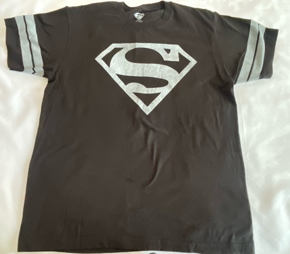 Superman Men's Graphic Cotton T-Shirt Black Gray Crew Neck Short Sleeve Size L