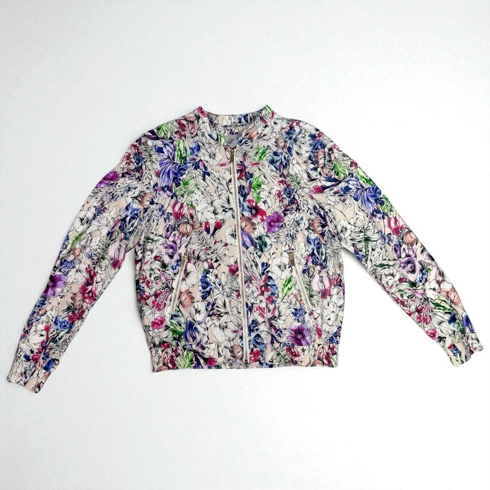 H&M Women’s Lightweight Multicolor Floral Bomber Jacket Size 8 with Gold Zippers