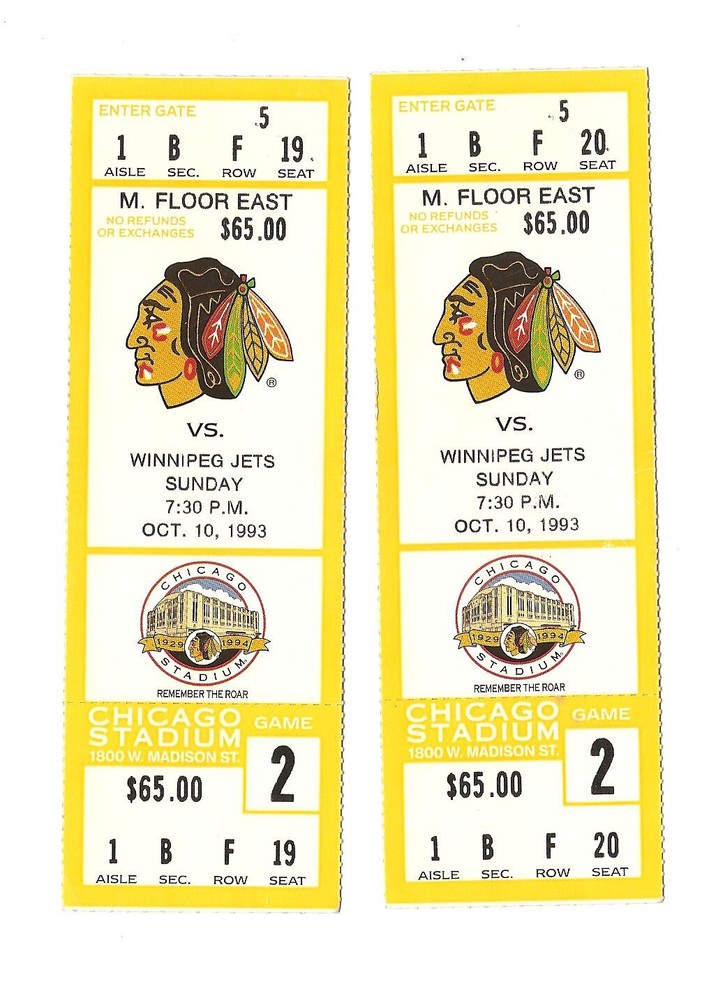 Chicago Blackhawks vs Winnipeg Jets unused Hockey Tickets from 10/10/1993