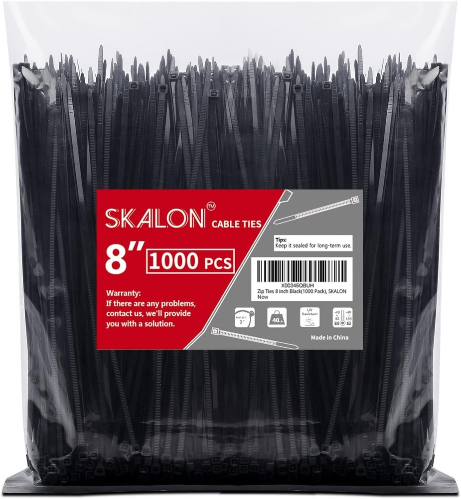 1000-Pack 8-Inch Black Zip Ties with 40lbs Tensile Strength