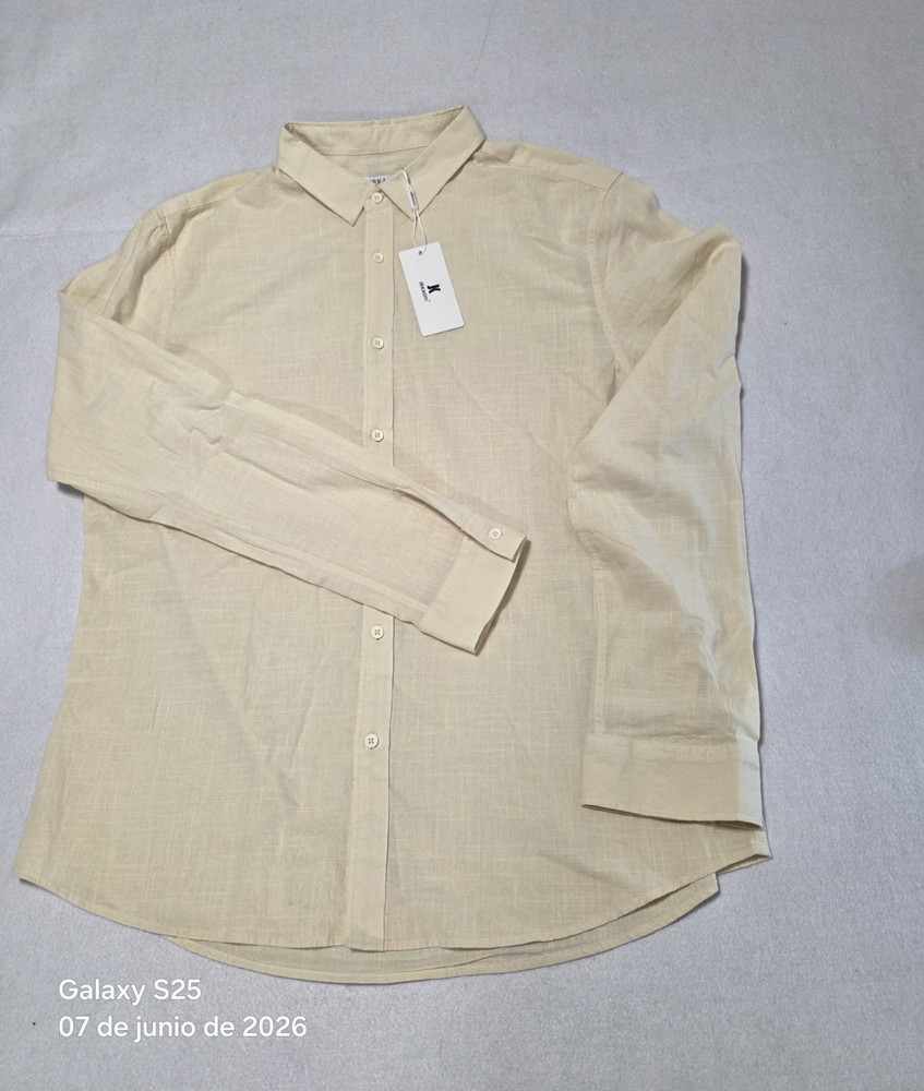 JEKAOYI Men's XL Cotton Linen Solid Beige Long Sleeve Point Collar Shirt