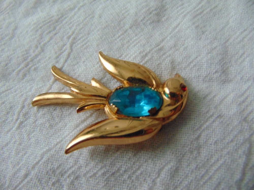 vintage Coro signed blue crystal belly Swallow Bird brooch