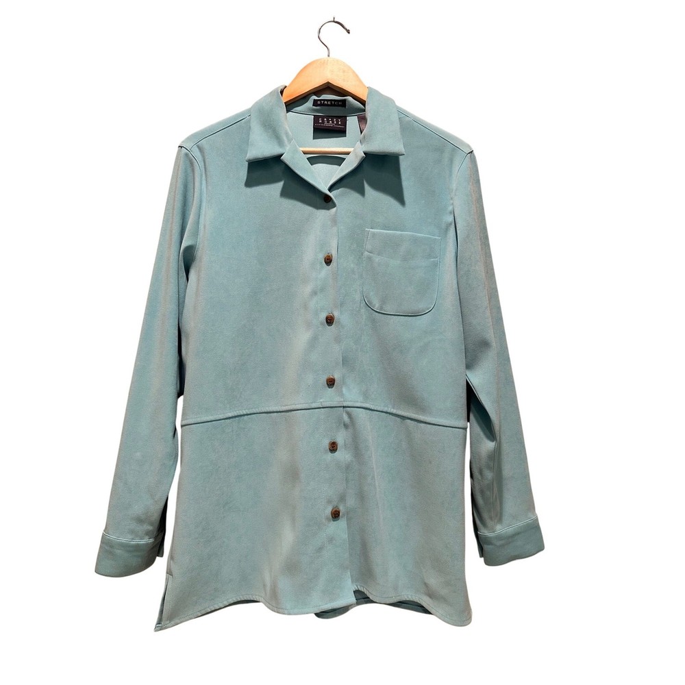 Crazy Horse Liz Claiborne Vintage Faux Suede Teal Button Down Shirt Size Medium