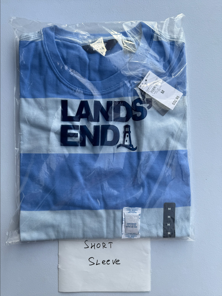 Lands' End Men's Super-T T-Shirt Sz M Short Sleeve Striped Chicory Blue/Blue Bro