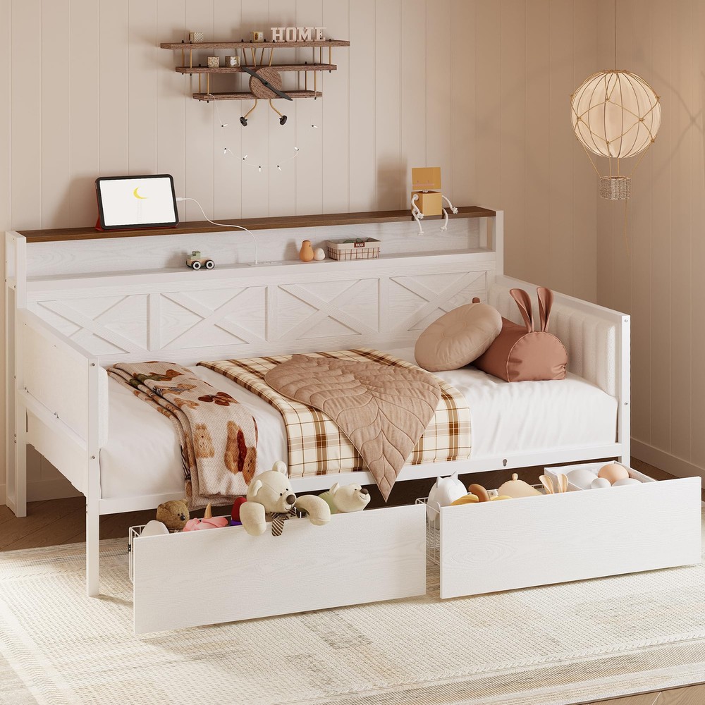 Twin Size Daybed with Storage Drawers and Sturdy X-Shaped Metal Frame