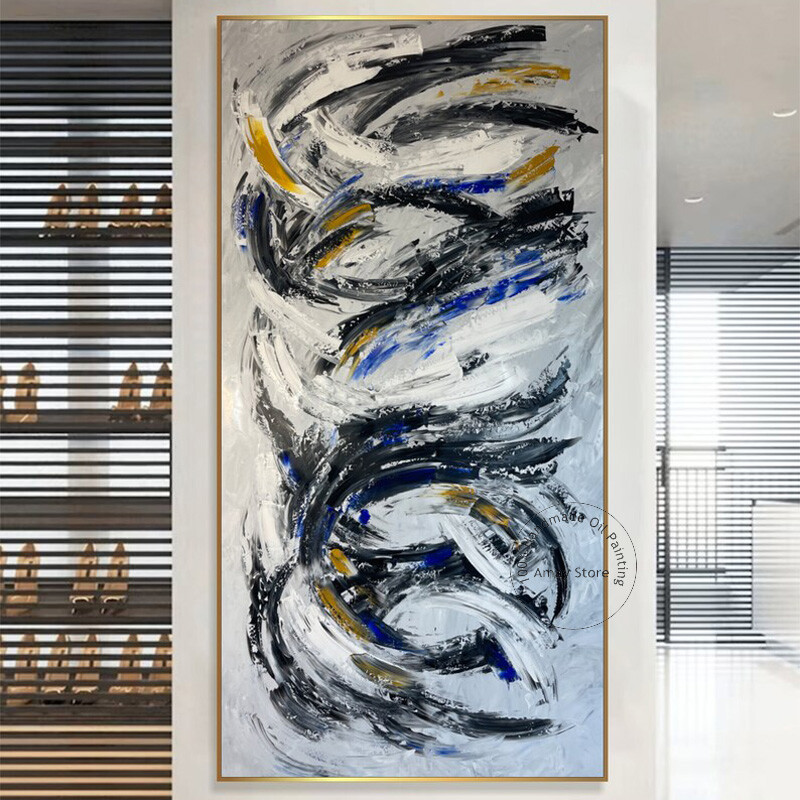 Black And White Blue Graffiti Large Abstract Handmade Oil Painting Canvas Decor-image