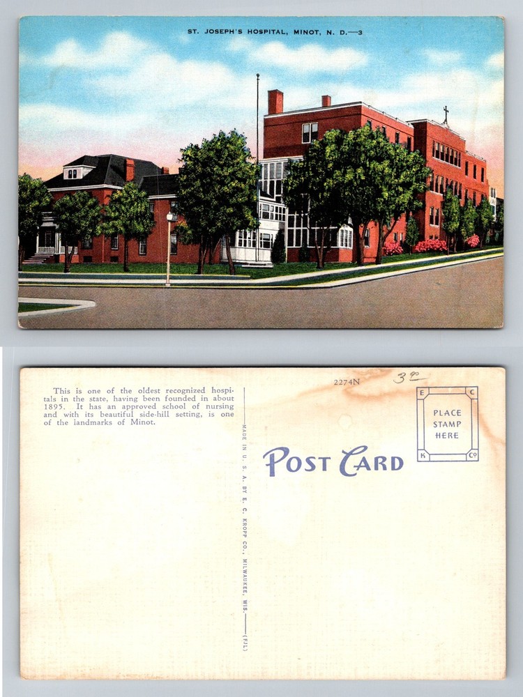 Minot, ND-North Dakota, St Joseph’s Hospital Brick Building Vintage Postcard