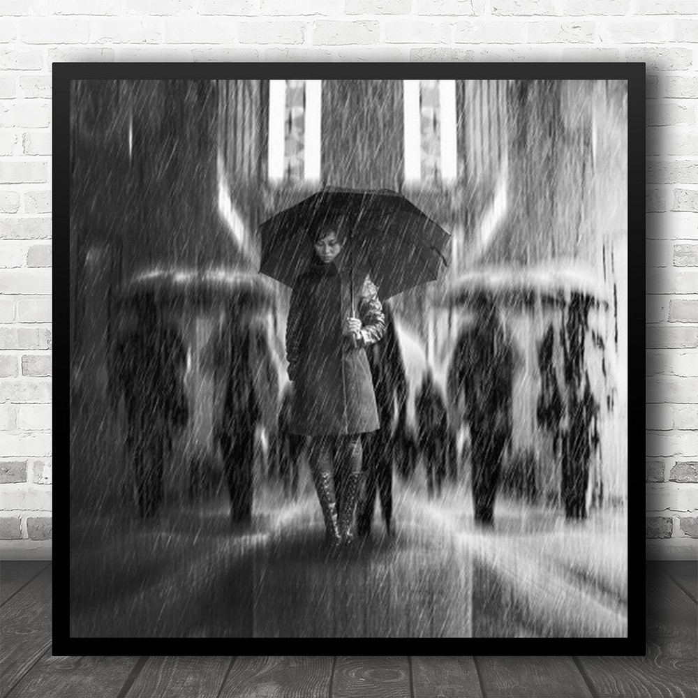 Umbrella Rain Raining People Street Weather Wet Sorrow Sad Square Wall Art Print