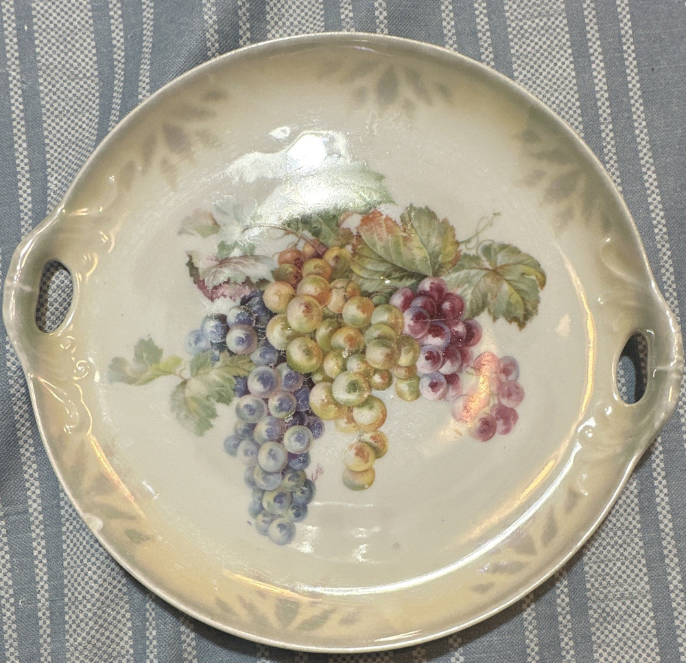 Ceramic Handled Decorative Plate Beige Multicolor Grapes Fruit Round Glossy
