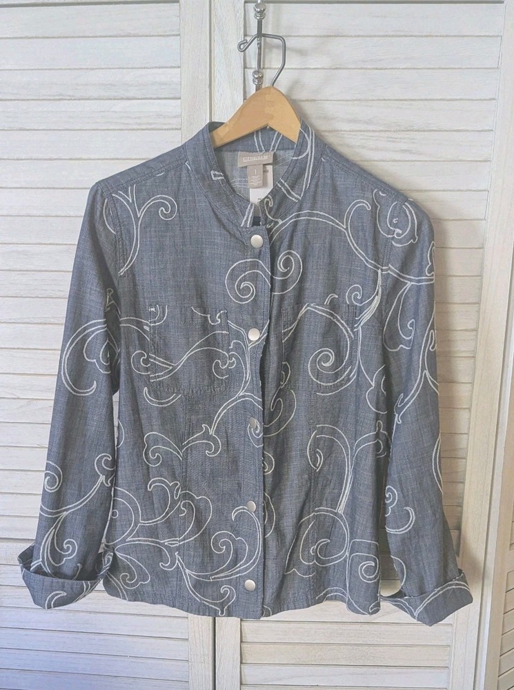 Chicos Shirt Womens Sz Medium (1) Floral Embroidered Swirl Chambray Blue Gray