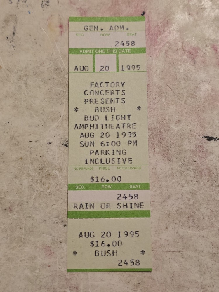 Original BUSH Full Unused Concert Ticket Aug 20 1995 Harveys Lake, PA Bud Light