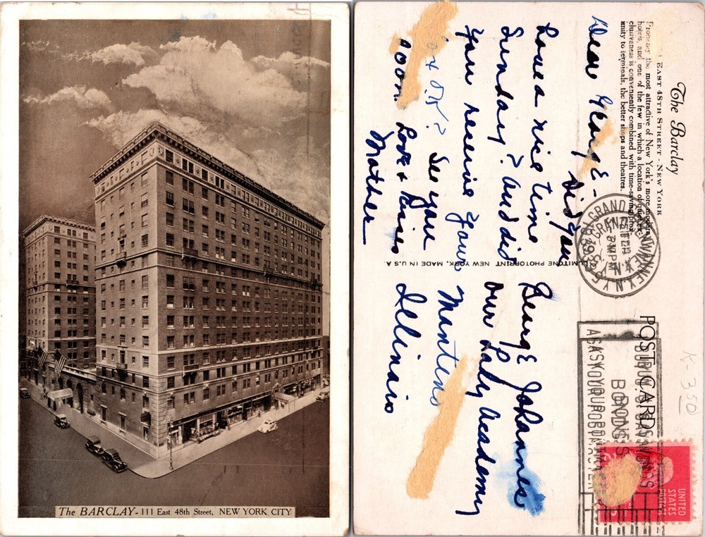 The Barclay Hotel East 48th Street New York City NY Postcard