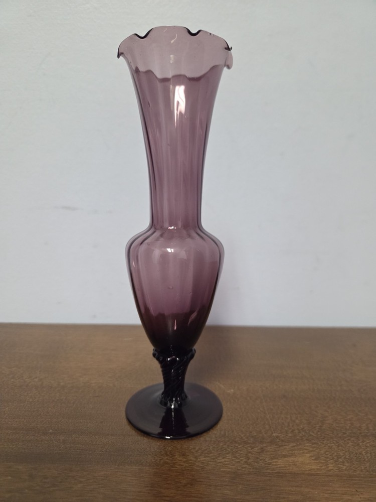 Vintage Purple Glass Bud Vase Ruffled Rim Twisted Stem