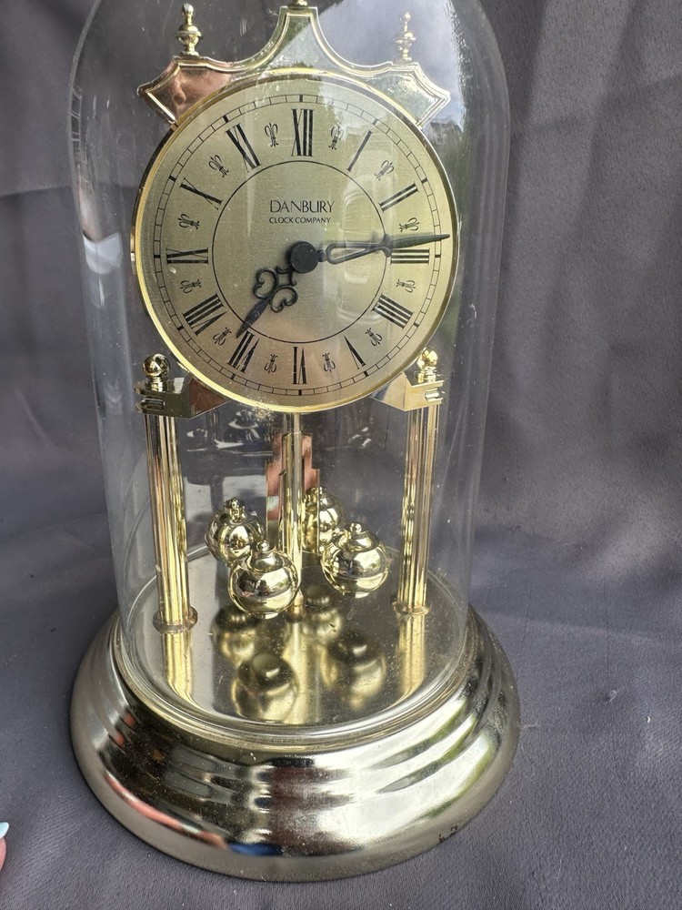 Vintage Danbury Anniversary Brass Mantel Clock Glass Dome