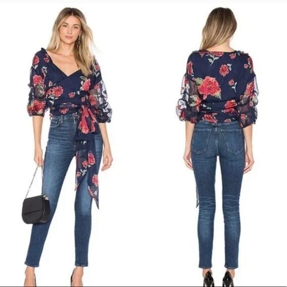 Lovers + Friends Bowen Wrap Top Women M Navy Feminine Romantic Bloomcore NWT