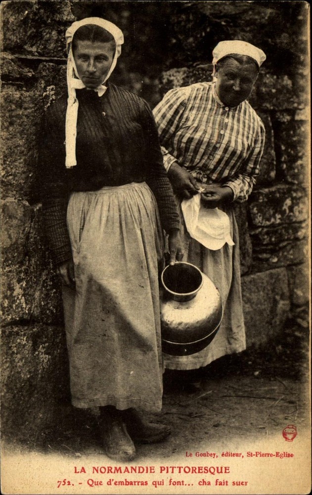 Ethnic costume France Normandie~women water or milk jug ~vintage postcard c1910