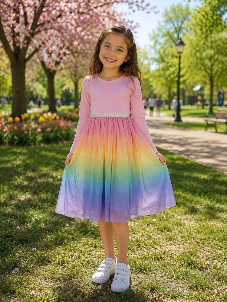Hanna Andersson Girls' Long Sleeve Tulle Rainbow Dress Size 130 (US 8)