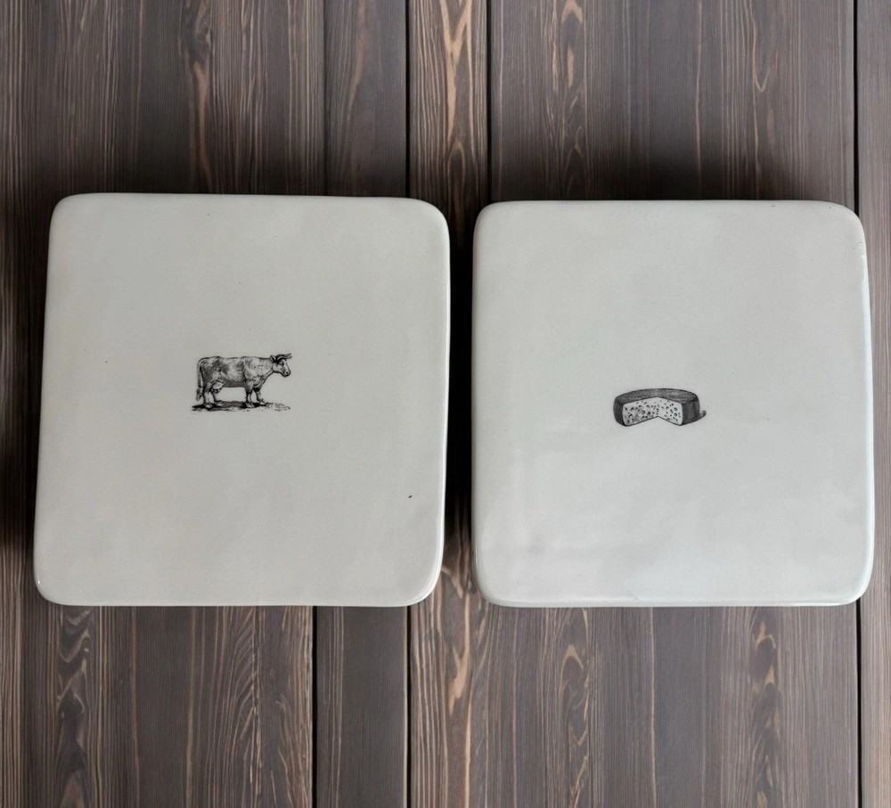Rae Dunn Cow and Cheese Trivets Plates by Magenta 6 in Rare Retired Set of 2