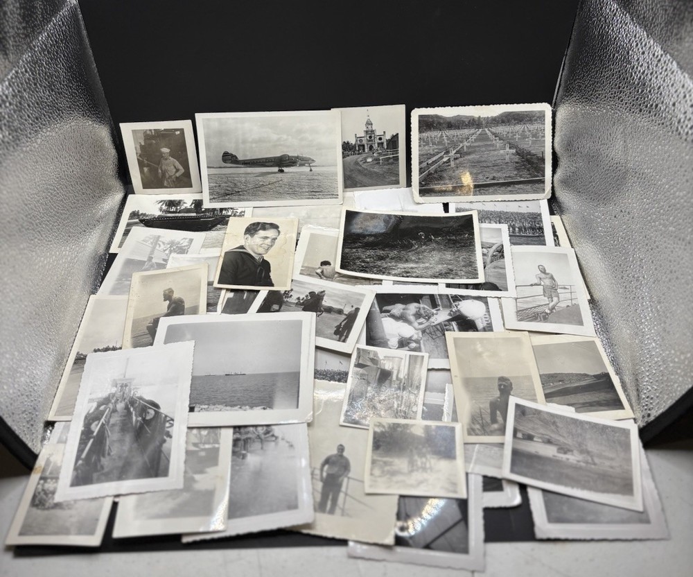 Lot 44 Vintage Snapshot Photos Sailor Military Ships Airplane Cemetery Tropical