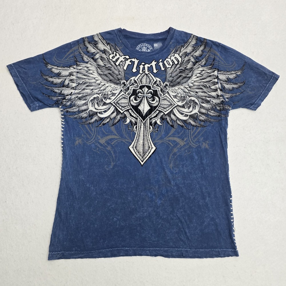 Affliction Mens 2XL Cross Wings Graphic Tee Blue Y2K Vintage Style
