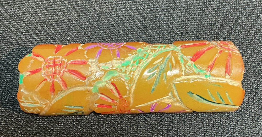 Vintage Carved Orange Bakelite Bar Brooch Pin Leaf Nature Design 2.75