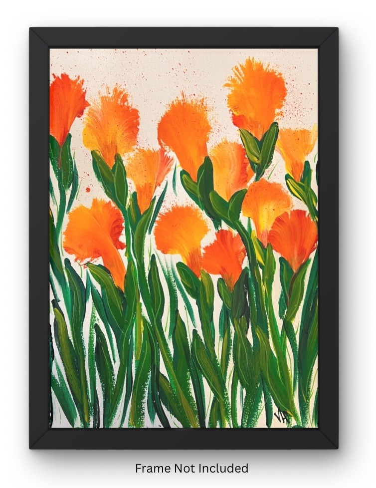 9x12” Joyful Orange Flowers Abstract Floral Art Acrylic Paper VLP Original