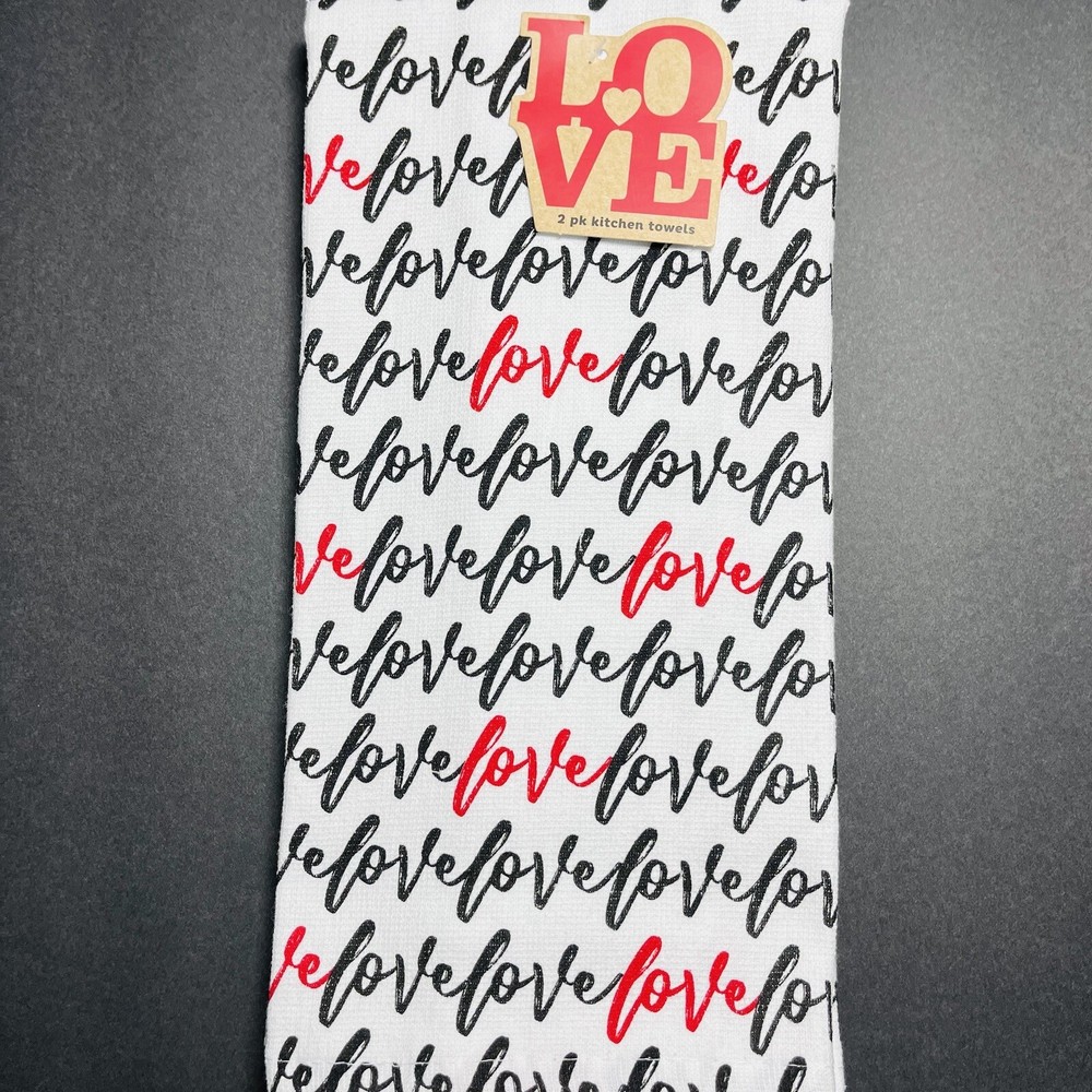 Valentines Day 2 Pack Love Themed Kitchen Towels Red White Cursive Text