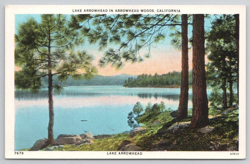 Vintage Lake Arrowhead CA Postcard Putnam Studios Curt Teich Linen Pine Trees