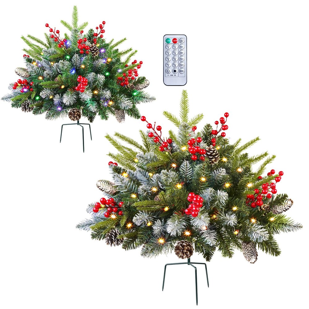Set of 2 18 Inch Lighted Outdoor Christmas Tree with Remote, Timer, Multi-Col...