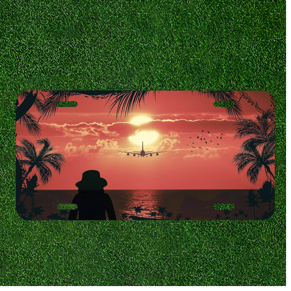 Custom Personalized Auto Tag With Women Watching Plane By Sunshine Design