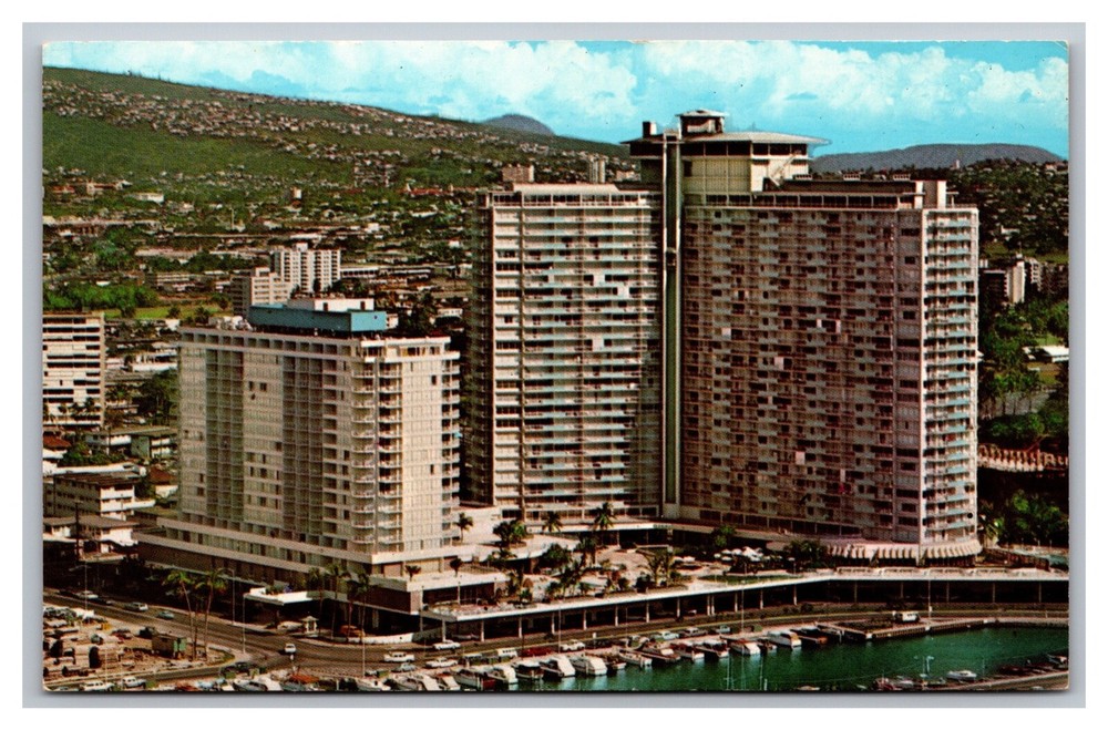 Honolulu HI Hawaii Ilikai Hotel Overlooking Waikiki Beach Yacht Harbor Postcard
