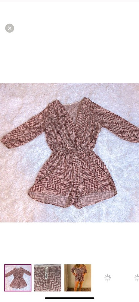 Sage Brown Beige Geometric Long Sleeve Romper V-Neck Elastic Waist Size S