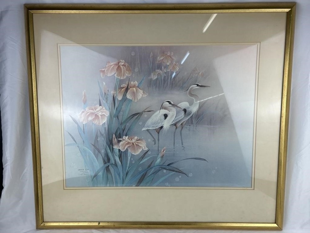 Lena Liu Herons and Irises Signed Limited Edition Print Framed 32x28