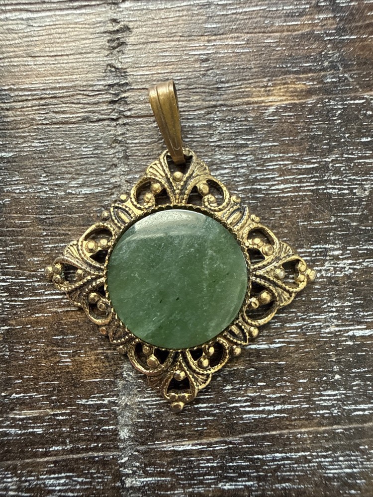 Vintage Gold-Tone Filigree Pendant With Green Circle Stone Center 1.25”