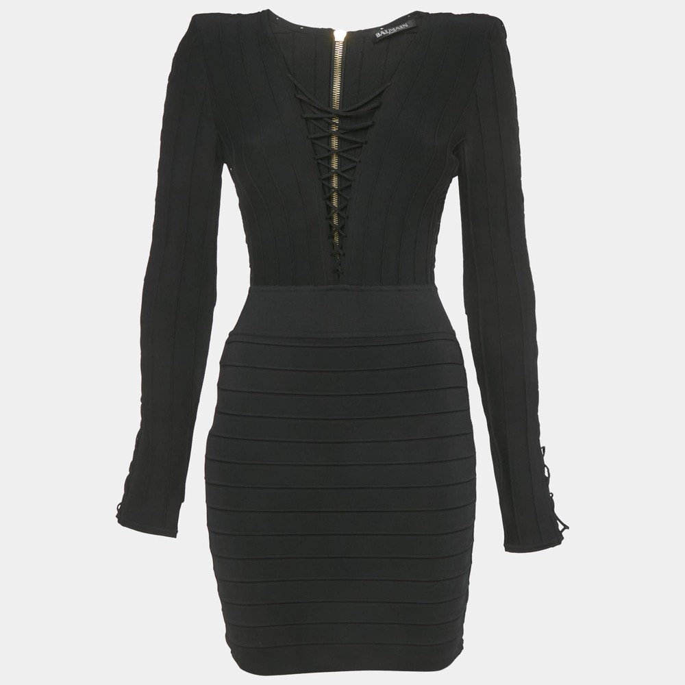 Balmain Black Knit LaceUp Long Sleeve Mini Dress S