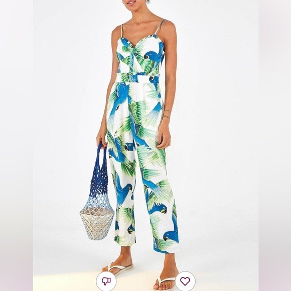 Farm Rio Araras Parrot Print Smocked Jumpsuit  Xs