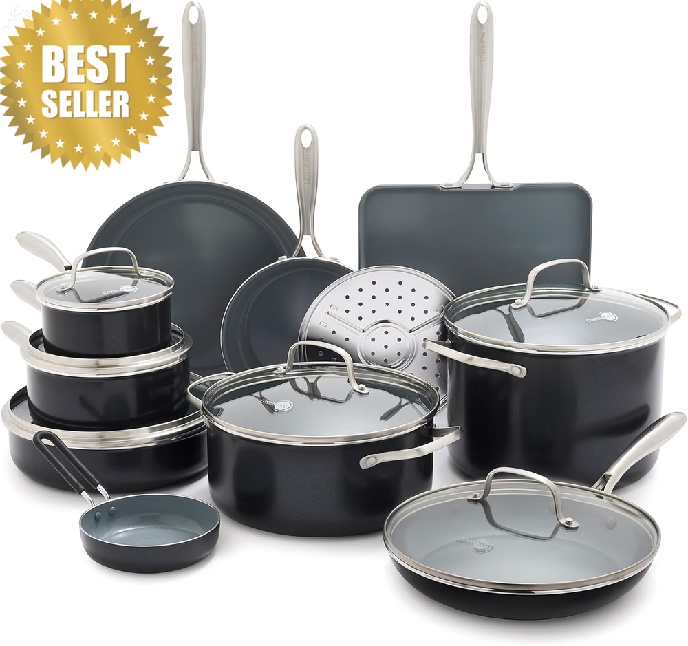 17PC Ceramic Nonstick Cookware Set PFAS-Free Pots & Pans Oven Safe to 600F Gray