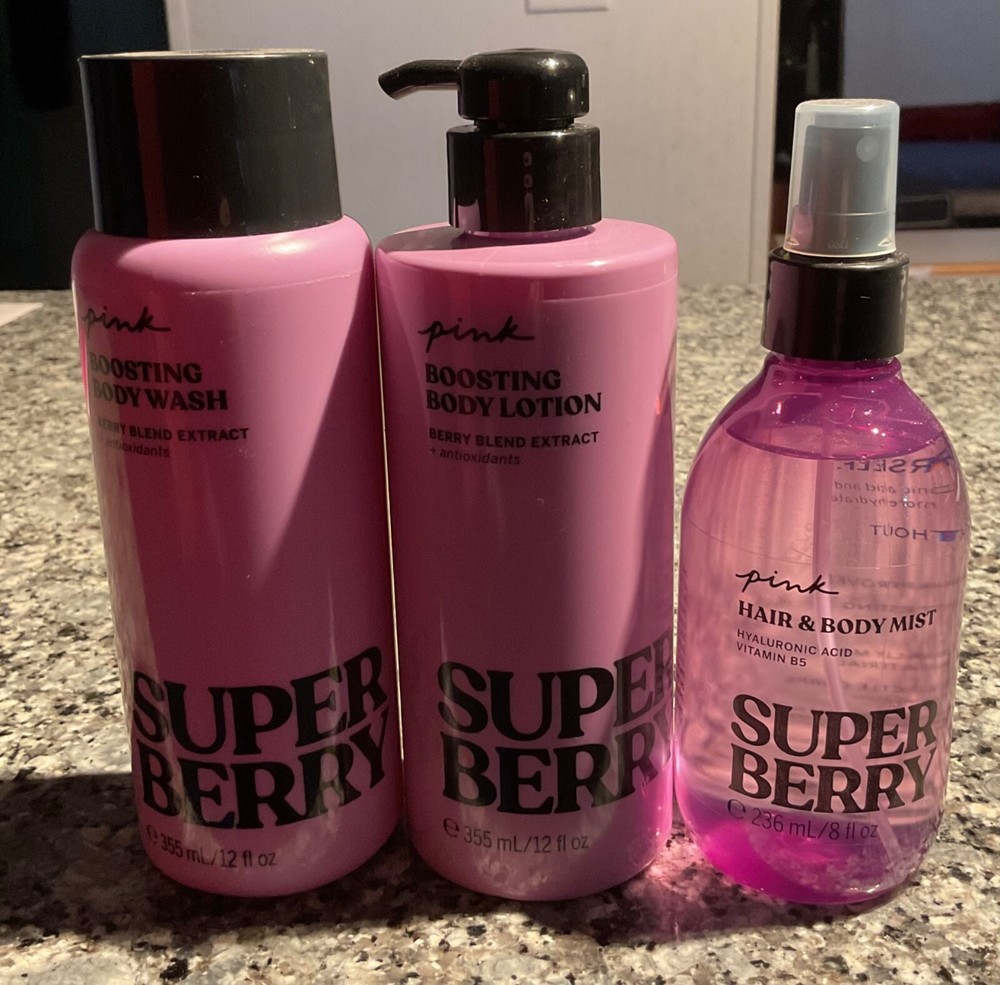 NEW VS PINK SUPER BERRY LOTION, MIST & BODY WASH MADE W/HYALURONIC ACID-image