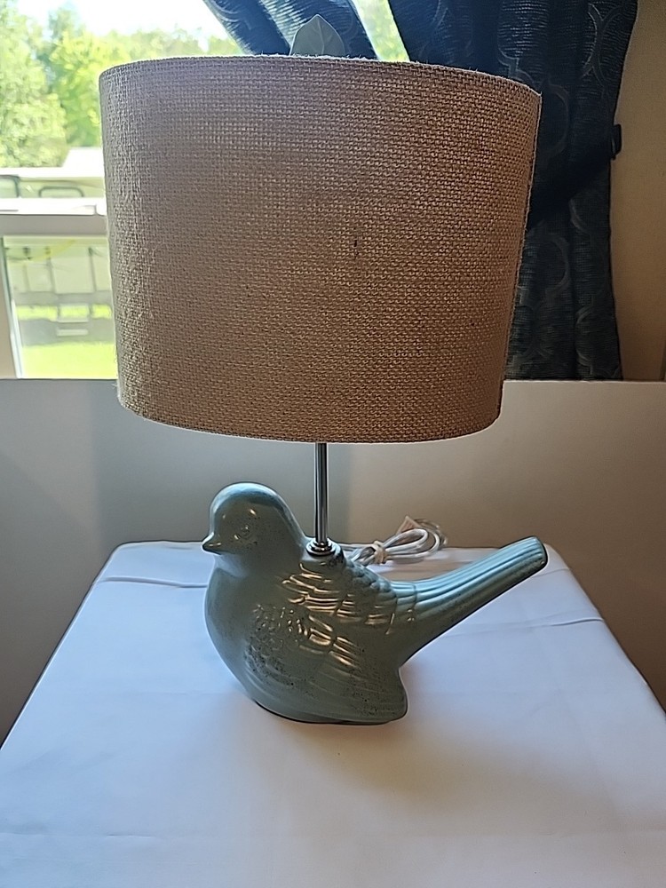Cottage Core Blue Ceramic Bird Table Lamp & Burlap Shade & Leaf Finial