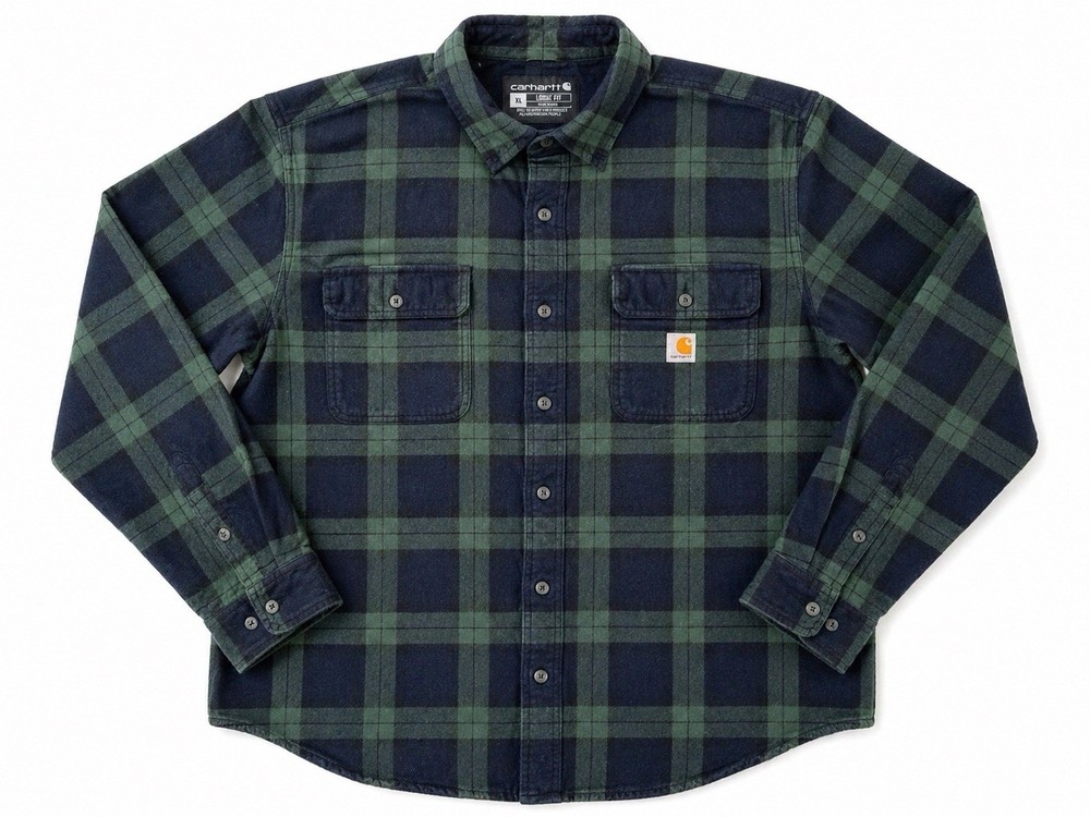 Carhartt Flannel Shirt Mens XL Loose Fit Green Plaid Workwear Heavy Cotton